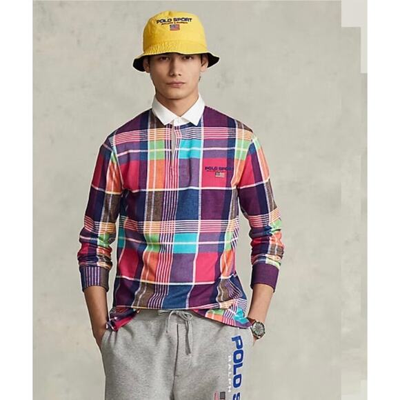 Polo Sport Ralph Lauren Mens Pink Madras Long Sleeve Rugby Shirt Size Medium - Picture 7 of 7